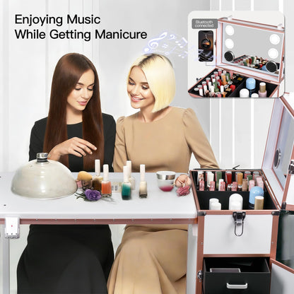 Rolling Portable Manicure Table with 3 Drawers, Lockable Makeup Train Case with Mirror & Nail Polish Organizer, Foldable Nail Desk with Wheels & Handle for Mobile Nail Techs & Salon Use,White