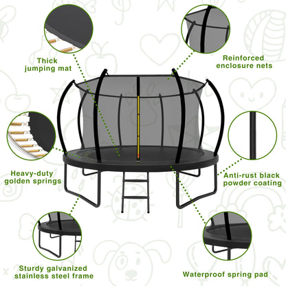 14FT Trampoline Outdoor for Kids with Safety Enclosure Net and Ladder, ASTM Approved Recreational Trampoline, Rust-Resistant Frame