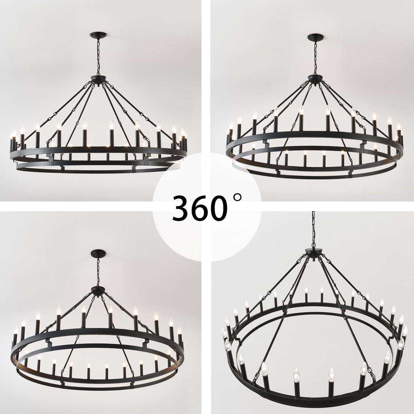 JKLX 53 inch Large Black Wagon Wheel Chandelier,Farmhouse Industrial Country Style Round Pendant Light Fixture,Round Ceiling Light fixtures for Outdoor Porch high Ceilings Living Foyer Entryway