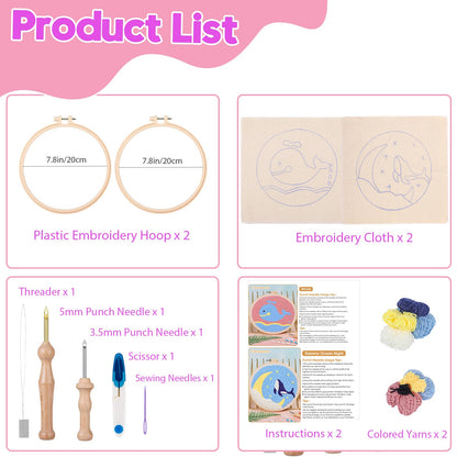 Cheloment 2 Sets Punch Needle Kits with 5mm/3.5mm Punch Needle,Fabric,Threader, Yarns and Hoops Embroidery Starter Kit for Adults Beginner, Perfect for DIY Craft and Decoration (Dolphin&Whale)