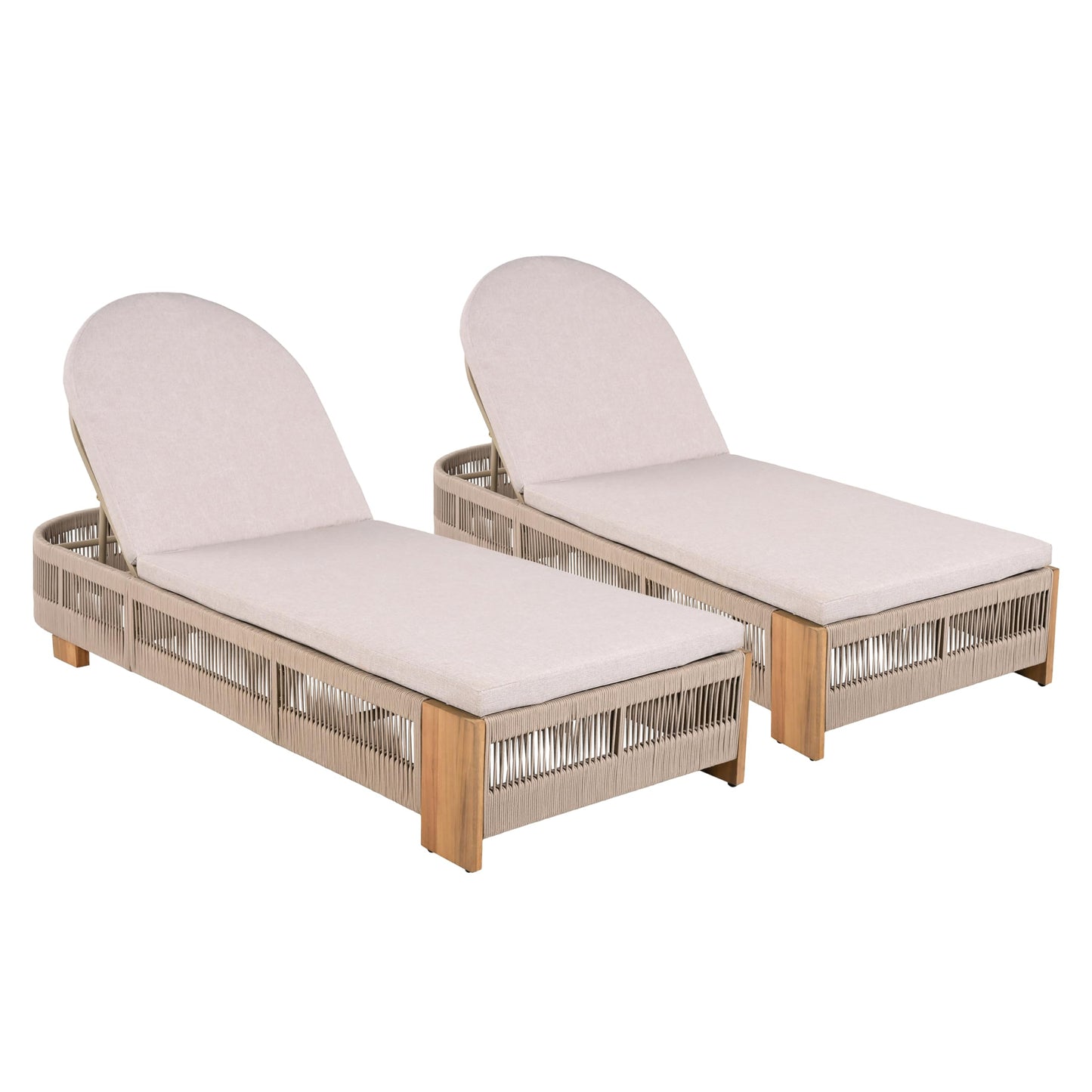Merax 2-Piece Outdoor Chaise Lounge Chair with Adjustable Backrest & Waterproof Cushion - Acacia Wood Pool Sun Lounger for Patio, Beach, Yard, Garden, Beige
