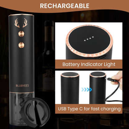 BLUBYEES 4-in-1 Rechargeable Electric Wine Opener Set - Automatic Corkscrew, Foil Cutter, Aerator Pourer, Vacuum Stopper - Wine Lovers Gifts for Women and Men