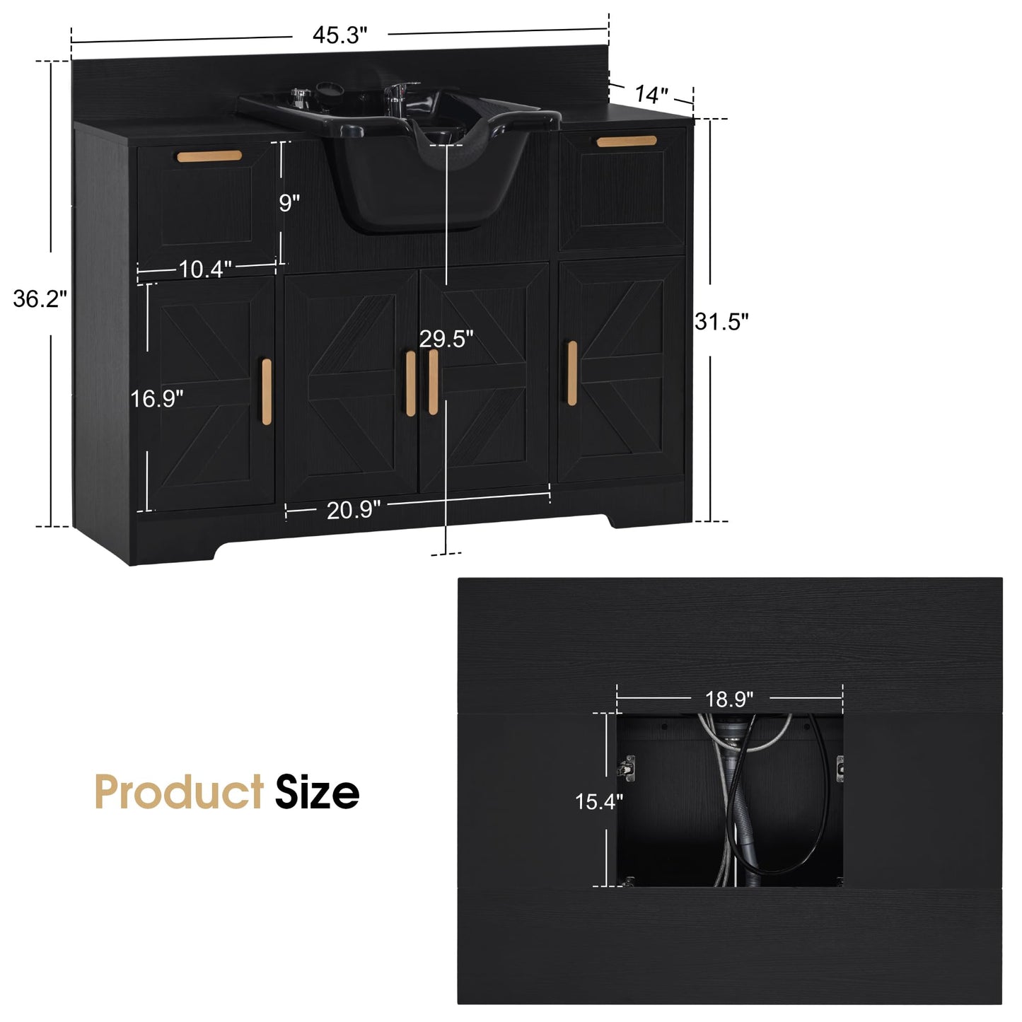 BarberPub Portable Shampoo Station, Shampoo Bowl with Cabinet & Drawer, Salon Geometric Finish Station with Sprayer Faucet, Barber Storage Equipment with Hair Wash Backwash Sink 3439 (Black)