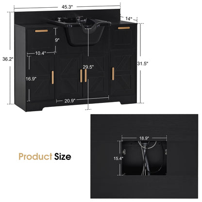 BarberPub Portable Shampoo Station, Shampoo Bowl with Cabinet & Drawer, Salon Geometric Finish Station with Sprayer Faucet, Barber Storage Equipment with Hair Wash Backwash Sink 3439 (Black)