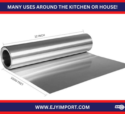 EJY IMPORT Standard Premium Aluminum Foil | 12”x1000 Feet Long | Industrial Size and Strength | Commercial Grade & Length Foil Wrap for Food Service Industry and Home Use| Strong Silver (1 Pack)
