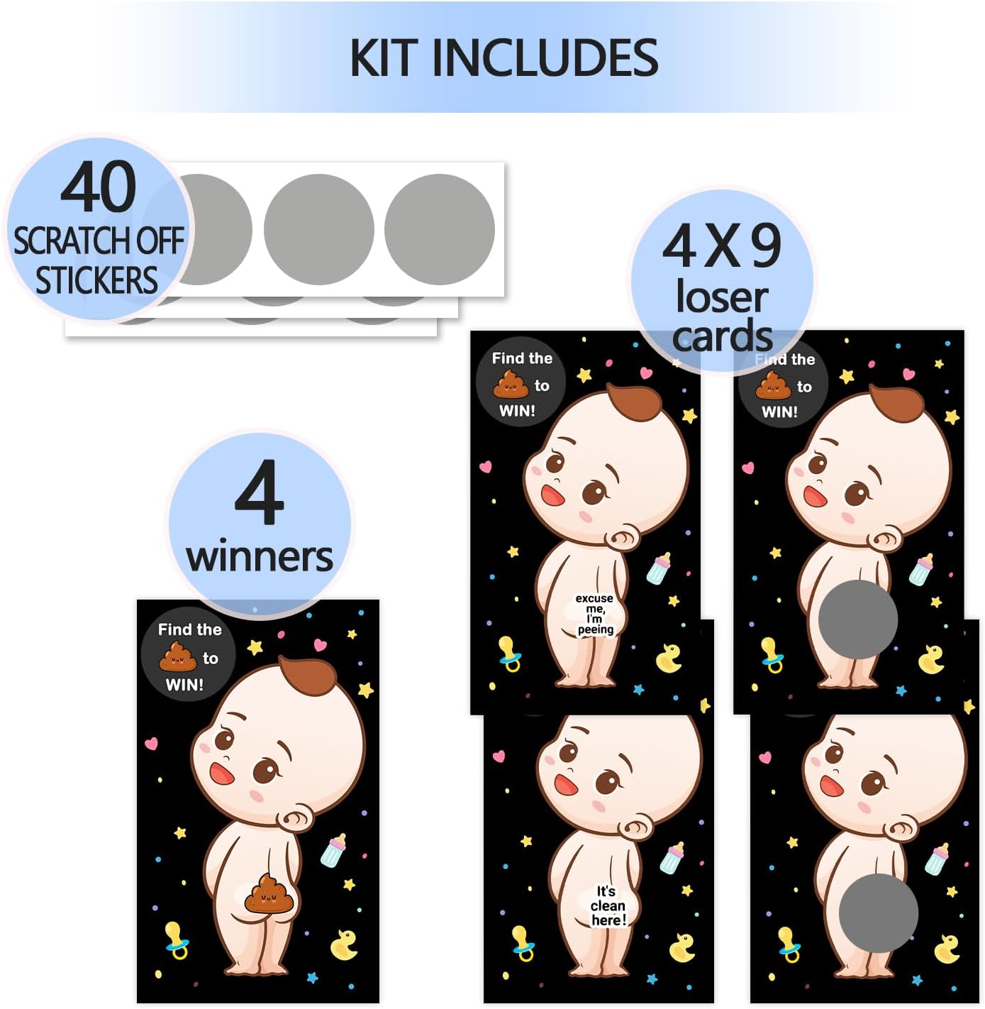 Zunaked 40 3 4 Baby Shower Games - Raffle Cards, Prizes & Ice Breaker Activities - Winners, Loser Card Designs - Boys
