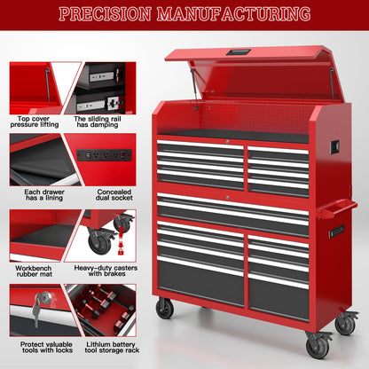 Tool Chest 18-Drawer | 66'' Large Rolling Tool Chest with Wheels | Detachable Top Metal Tool Box with Gas Struts | Lockable Rolling Tool Cabinet with Liners,Power Strip | Garage, Repair Shop, Workshop