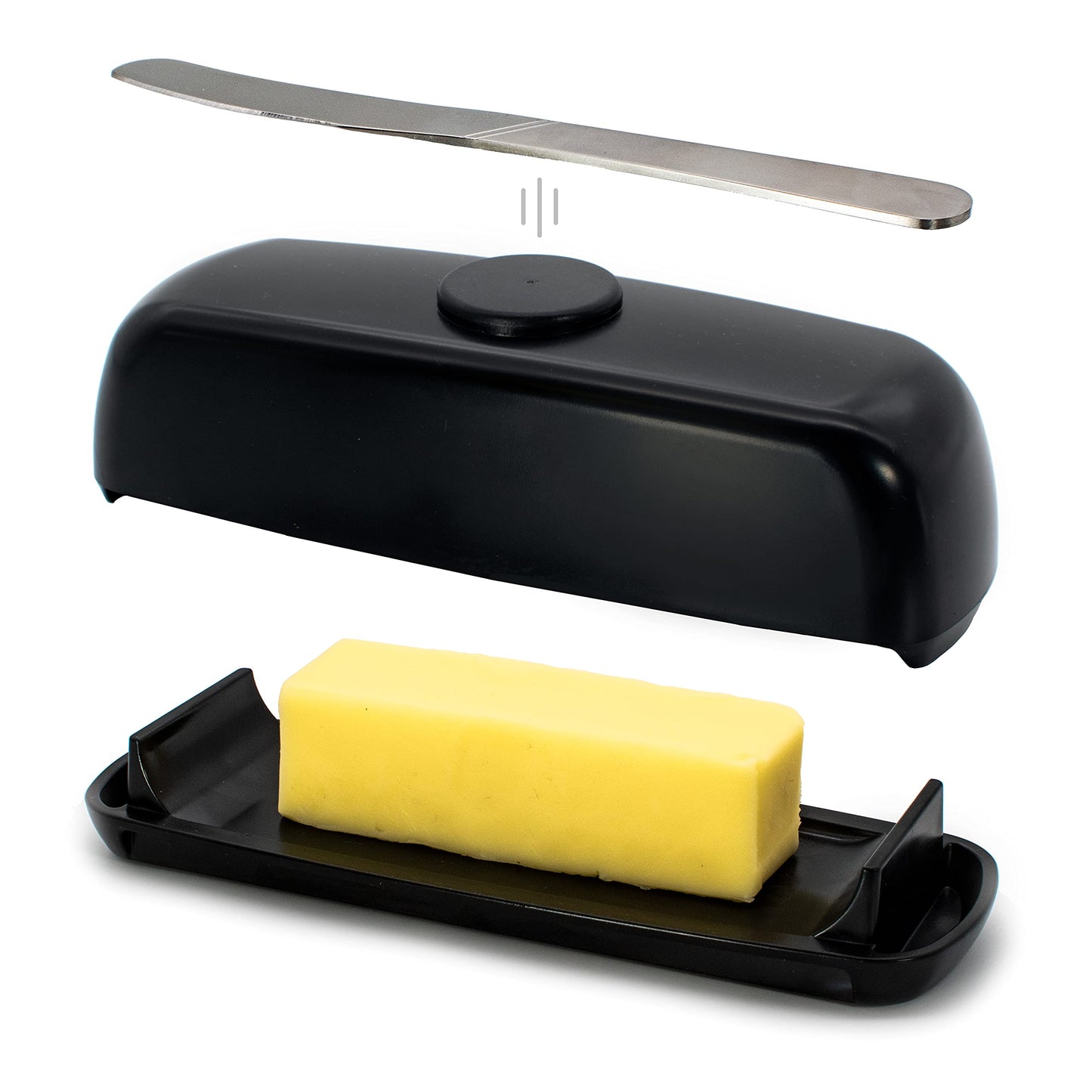 Butter Hub Plastic Butter Dish with Lid and Knife - Mothers Day Gift, Covered Dish Keeper with Magnetic Knife Holder, Easy Scoop, No Mess Lid Container, Dishwasher Safe, BPA-Free - Black, US Regular