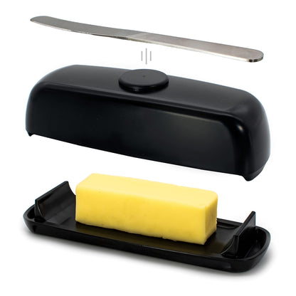 Butter Hub Plastic Butter Dish with Lid and Knife - Mothers Day Gift, Covered Dish Keeper with Magnetic Knife Holder, Easy Scoop, No Mess Lid Container, Dishwasher Safe, BPA-Free - Black, US Regular