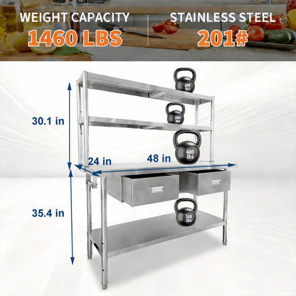 Stainless Steel Table with Shelves & Drawers, 48" x 24" Prep Table for Commercial Kitchen, Heavy-Duty NSF Work Tables Workbench with Adjustable Undershelf for Home Kitchen Restaurant Garage Warehouse