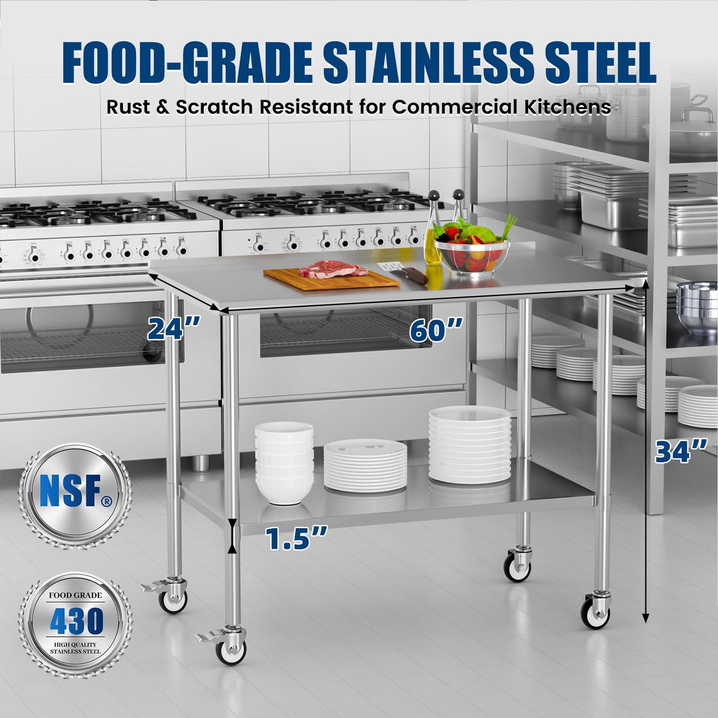 Chingoo Stainless Steel Work Table with Wheels, 24x60 Inch NSF Food Prep Table with Backsplash & Adjustable Undershelf for Commercial Kitchen, Restaurant, Garage