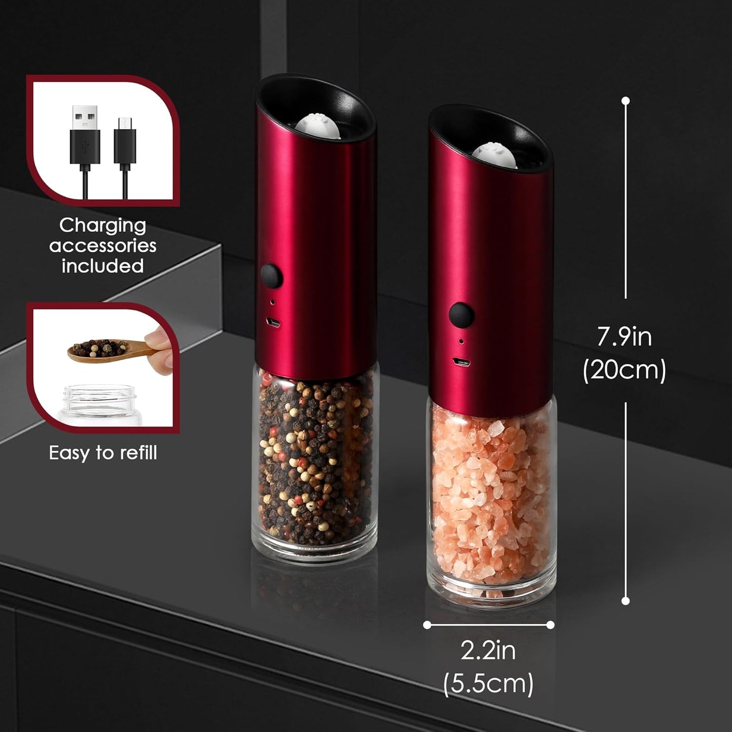 Vzaahu Gravity Electric Pepper and Salt Grinder Set of 2 - Rechargeable, Adjustable Coarseness, Stainless Steel with