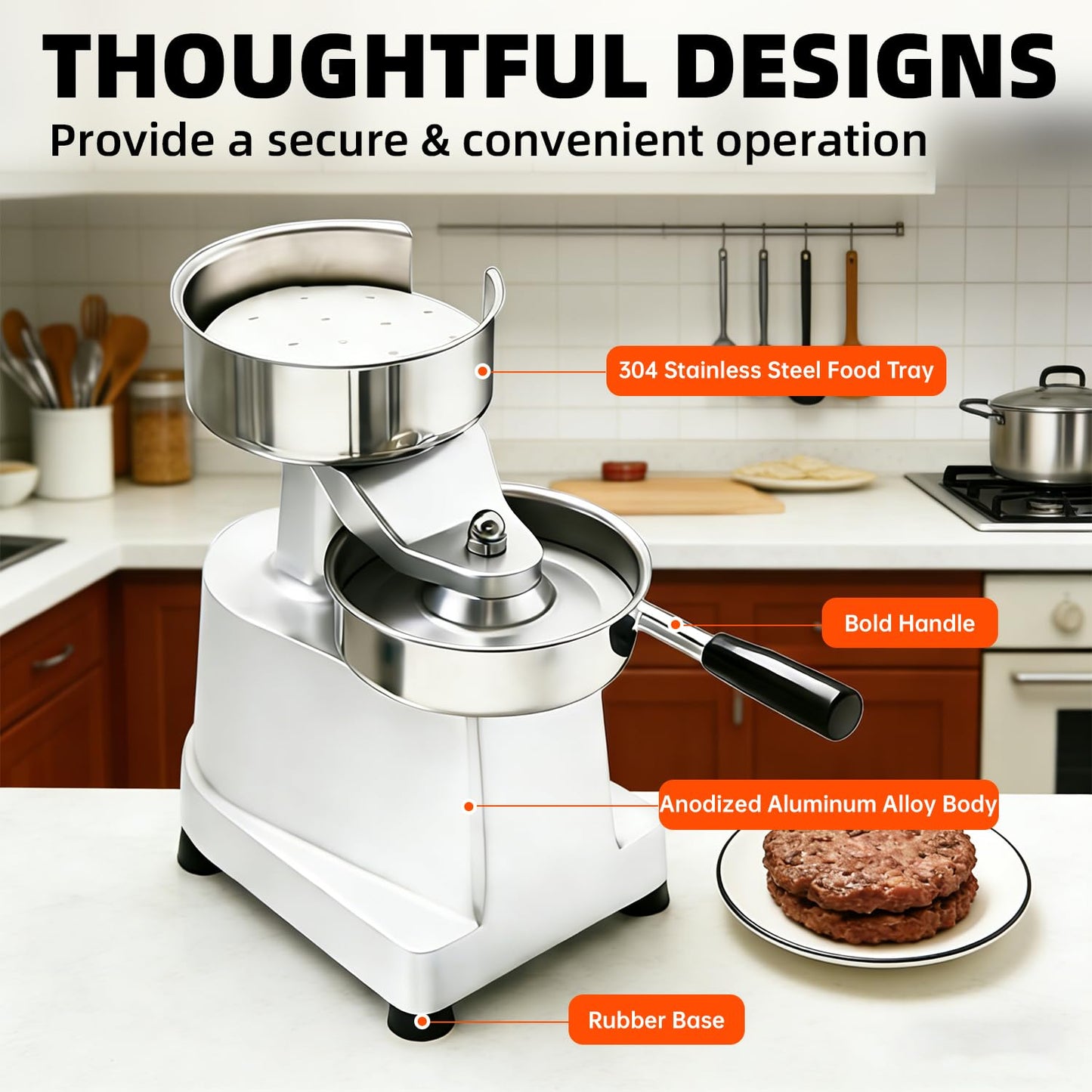 CHEF KEY Commercial Burger Patty Maker, 5inch/130mm Heavy Duty Food-Grade Stainless Steel Bowl Press with 1000 Patty Papers for Restaurants, Home Kitchens (5 inch)