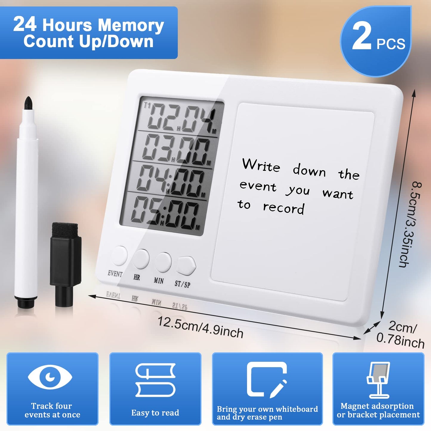 Fabbay 2 Pcs Digital Kitchen Timer Four Event Kitchen Timer with Whiteboard Function Smart for Cooking Learning Task Project