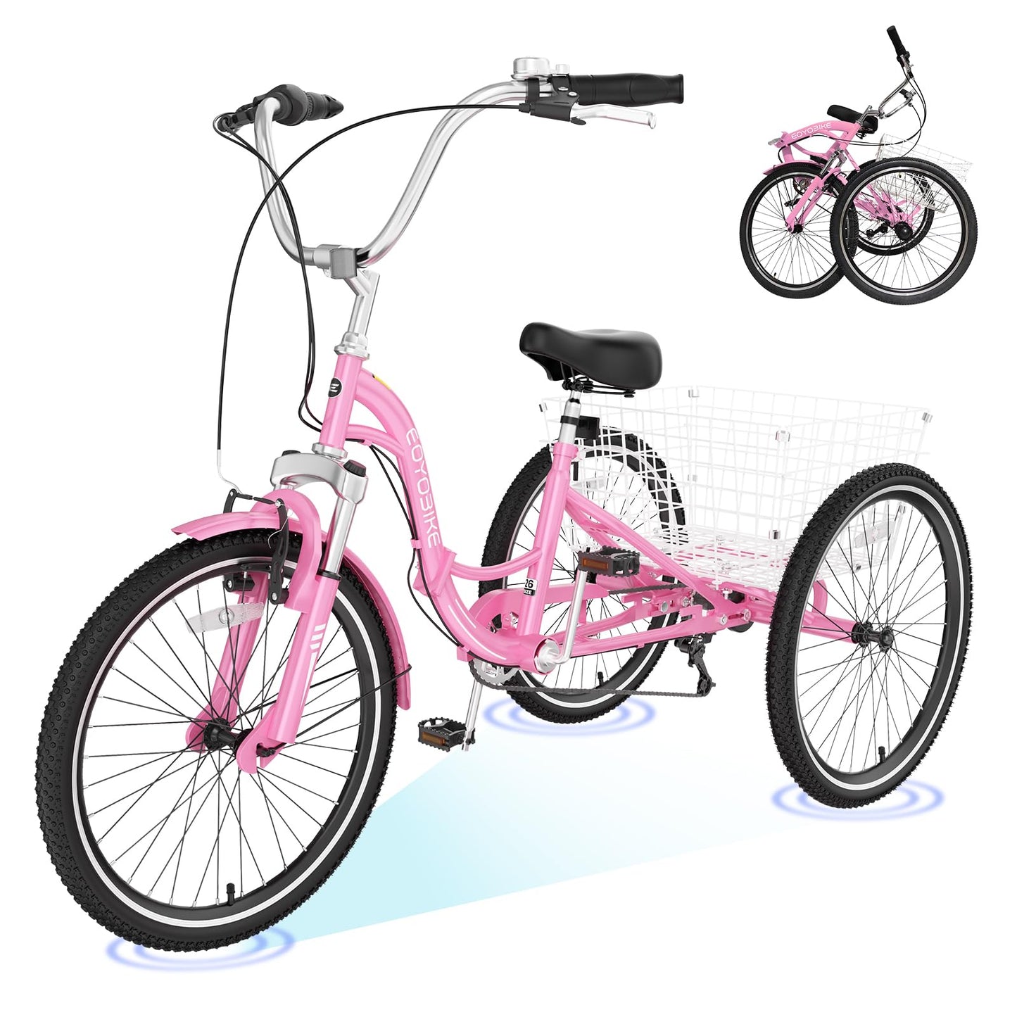 H&ZT Adult Tricycle, 3 Wheeled Bike, Trike Cruiser Bike, with 7-Speed Gear, Parking Brake Handle, Low Step, Large Rear Basket, Elderly Friendly, for Men, Women, and Teens