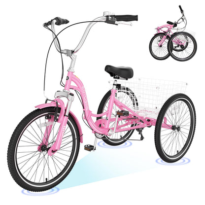 H&ZT Adult Tricycle, 3 Wheeled Bike, Trike Cruiser Bike, with 7-Speed Gear, Parking Brake Handle, Low Step, Large Rear Basket, Elderly Friendly, for Men, Women, and Teens