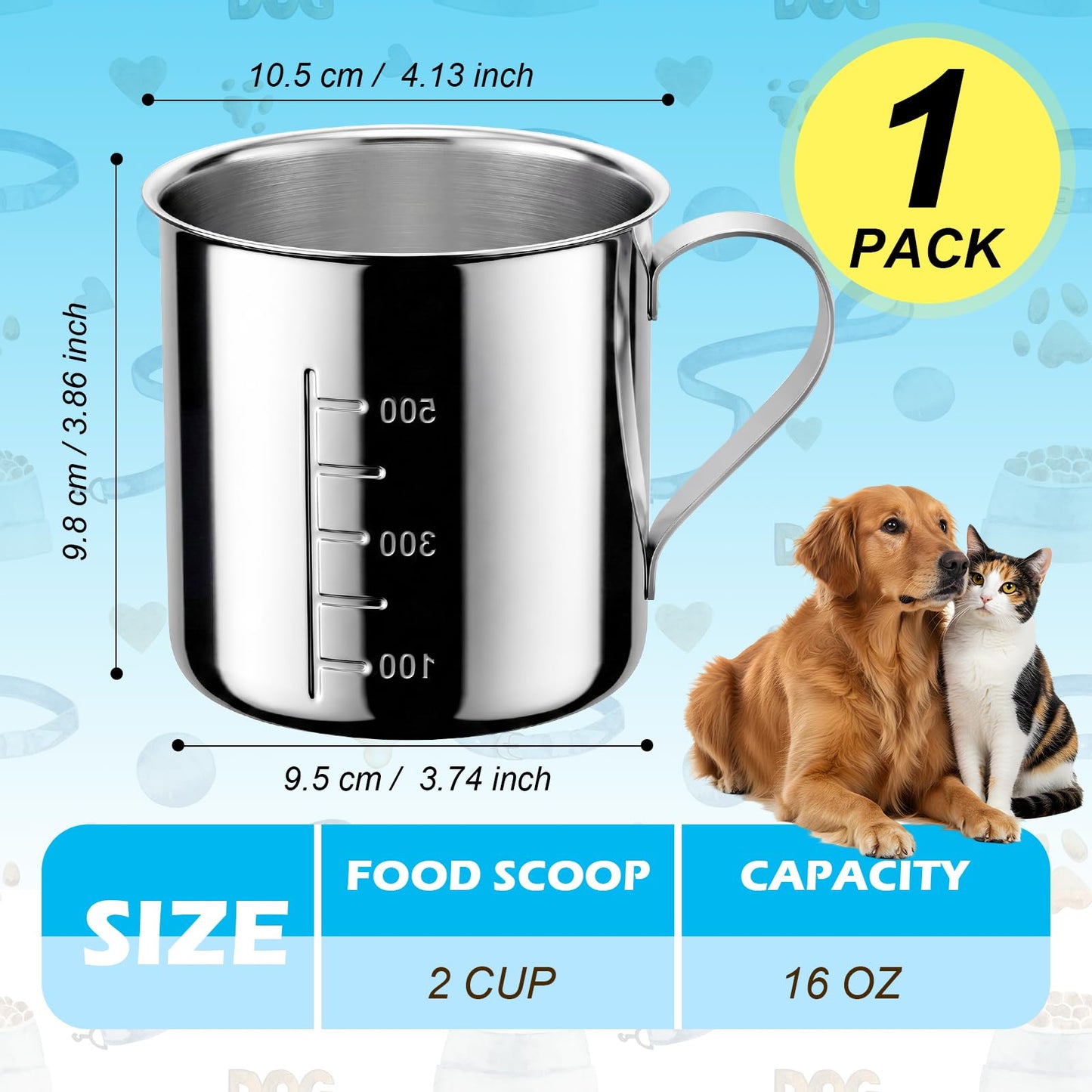 Ashmacdo Dog Food Scoop 2 Cup,304 Stainless Steel Measuring Cups with Handle Pet Food Scoop Cup Measuring Scoop for Dogs, Cats, Birds & Rabbits – Ideal for Dry Food & Treats (2 Cup)