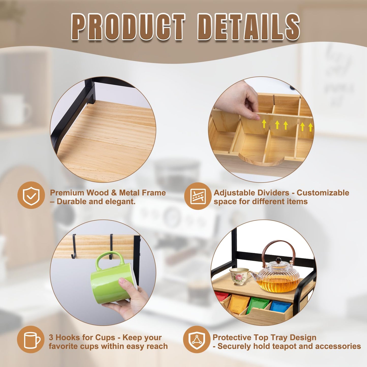 Tea Bag Organizer with Adjustable Drawer, Tea Organizers and Storage with 3 Hooks, Wood & Metal Tea Bag Holder, Tea Box Organizer for Countertop Tea Station, Tea Storage Organizer