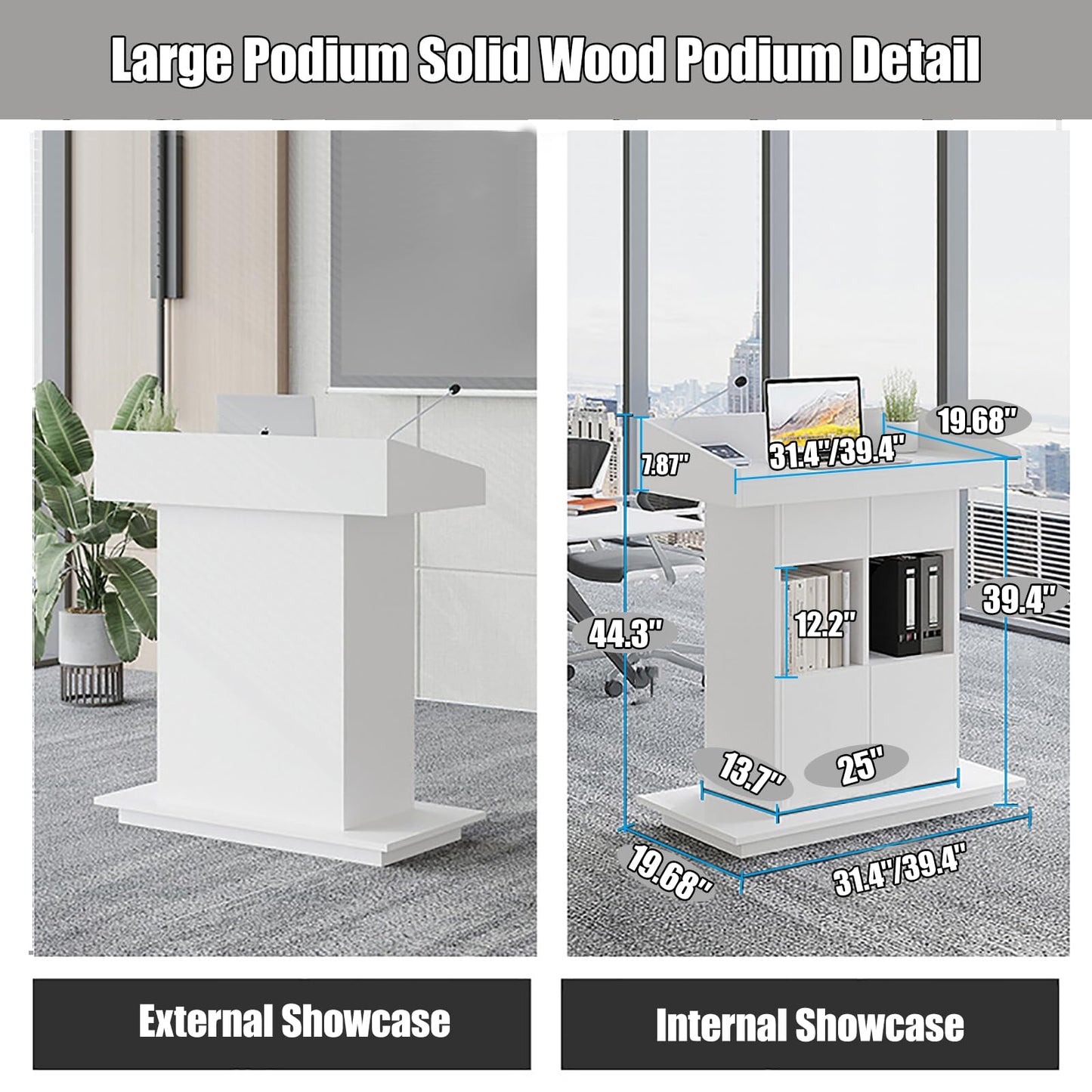 Lectern Solid Wood Podiums Floor Standing Podiums Rolling Podium with Wheel Church Podium and Pulpits Mobile Speaking Lectern with Wire Holes and Storage (White, 39.4″×19.68″×44″)