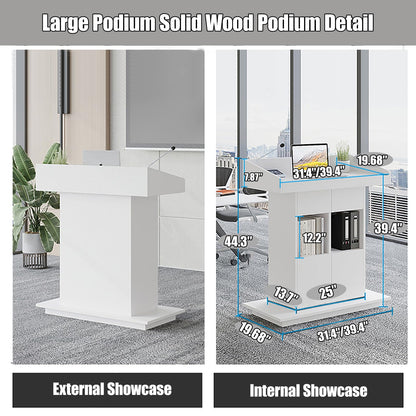Lectern Solid Wood Podiums Floor Standing Podiums Rolling Podium with Wheel Church Podium and Pulpits Mobile Speaking Lectern with Wire Holes and Storage (White, 39.4″×19.68″×44″)