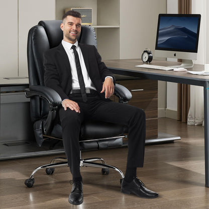 Thctvous Luxury Leather Executive Office Chair with Foot Rest, Reclining Massage Office Chair with Heat/Adjustable Backrest/Rolling Wheels/Soft Cushion, Heavy Duty, 400 Lbs Capacity (Leather, Black)