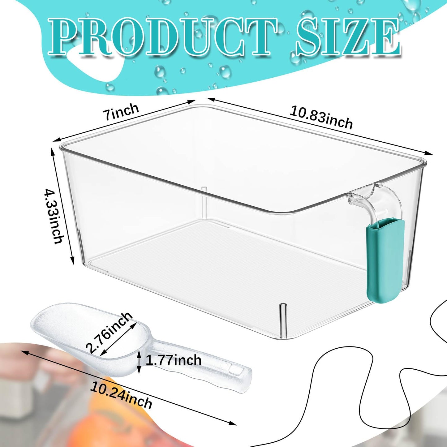 Havawish Ice Storage Bin and Flexible Scoop Set Plastic Freezer Bin with Pull out Handle Storage Bucket Clear for Container with Scoop(Blue,10.83 x 7 x 4.33 in,Classic)