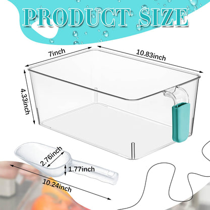 Havawish Ice Storage Bin and Flexible Scoop Set Plastic Freezer Bin with Pull out Handle Storage Bucket Clear for Container with Scoop(Blue,10.83 x 7 x 4.33 in,Classic)