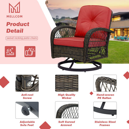 MELLCOM 3 Pieces Patio Furniture Set, Outdoor Swivel Rocker Patio Chairs, Wicker Patio Bistro Set with Rocking Chair, Thickened Cushions and Glass Coffee Table for Backyard, Garden, Wine Red