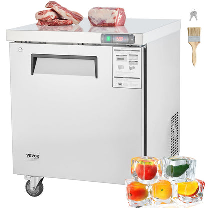 VEVOR 28" W Commercial Freezer Worktop, 7.4 Cu. Ft Undercounter Freezers with/Casters, <0~-8℉>Defrost Frozen Prep Table, Single Door Stainless Steel Food Frozen Prep Station for Restaurant, Diner