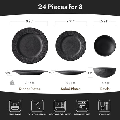 KINGSTONE Black Dinnerware Sets, 24-Piece Matte Marble Pattern Premium Porcelain, Place Setting with Dinner Plate, Salad Plate, Pasta Bowl, Microwave and Dishwasher Safe