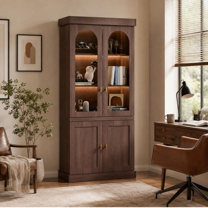 Trygoal 71'' Tall Display Cabinet with Glass Door, Mid Century Modern China Cabinet with LED Stripe, Kitchen Buffet Pantry Cupboard, Trophy Display Case for Living Room Dining Room Bedroom, Walnut