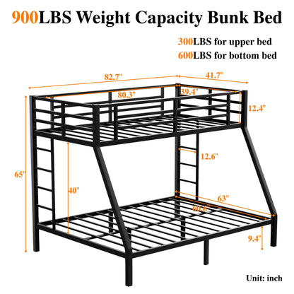 Bellemave Metal Bunk Bed Twin XL Over Queen with Ladder ＆ Full-Length Guardrails, Heavy Duty Bunk Bed Frame with Sturdy Slats, Twin XL Over Queen Bunk Beds, Noise Free, No Box Spring Needed, Black