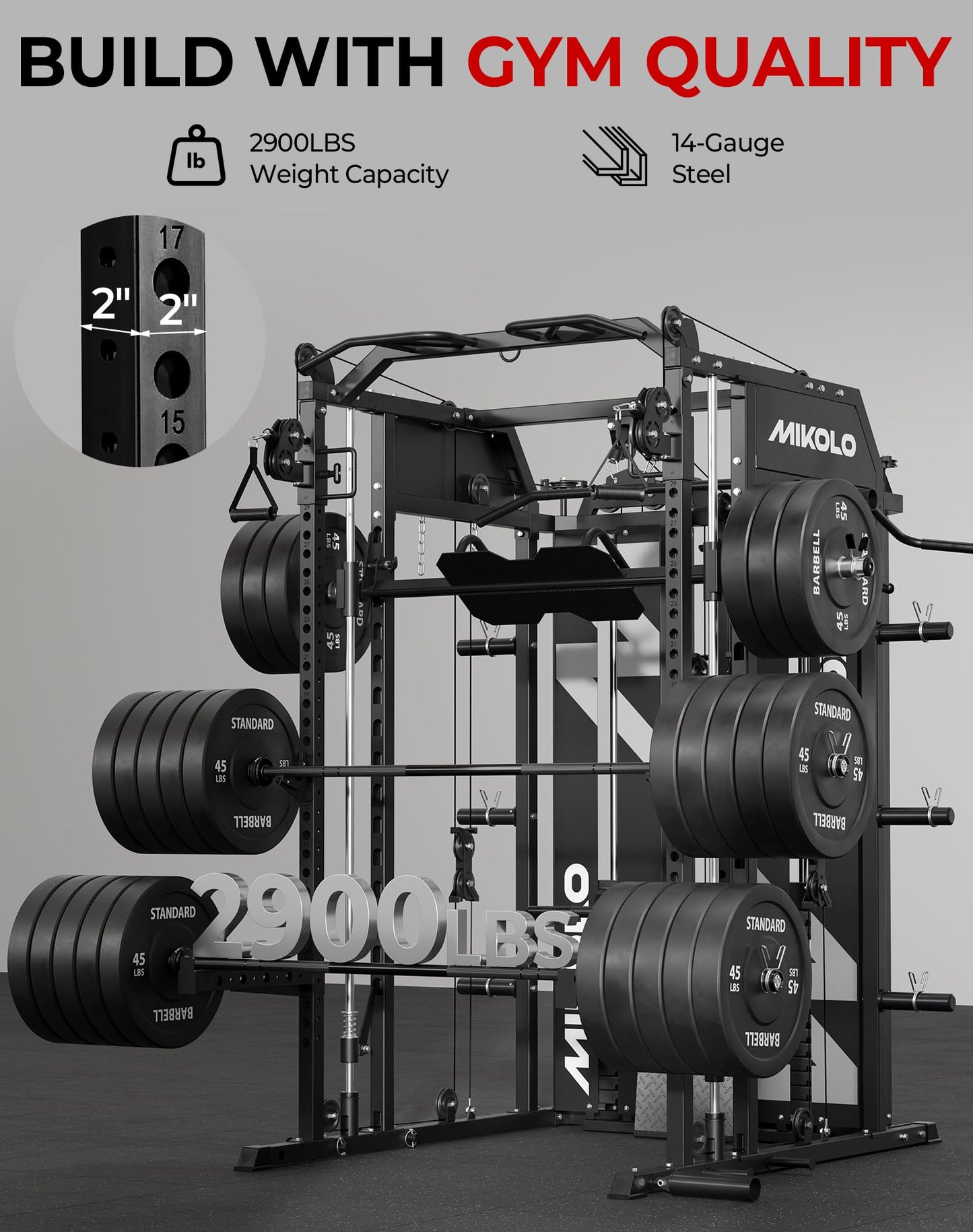 Mikolo Smith Machine with Weight Stack, Power Cage Home Gym System with LAT Pulldown & Cable Crossover, Multi-Functional Trainer with Dual Pulley System, Weight Bench, Cable attachments