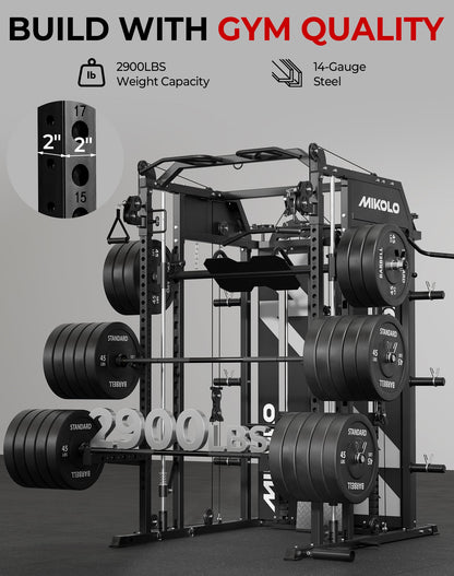 Mikolo Smith Machine with Weight Stack, Power Cage Home Gym System with LAT Pulldown & Cable Crossover, Multi-Functional Trainer with Dual Pulley System, Weight Bench, Cable attachments