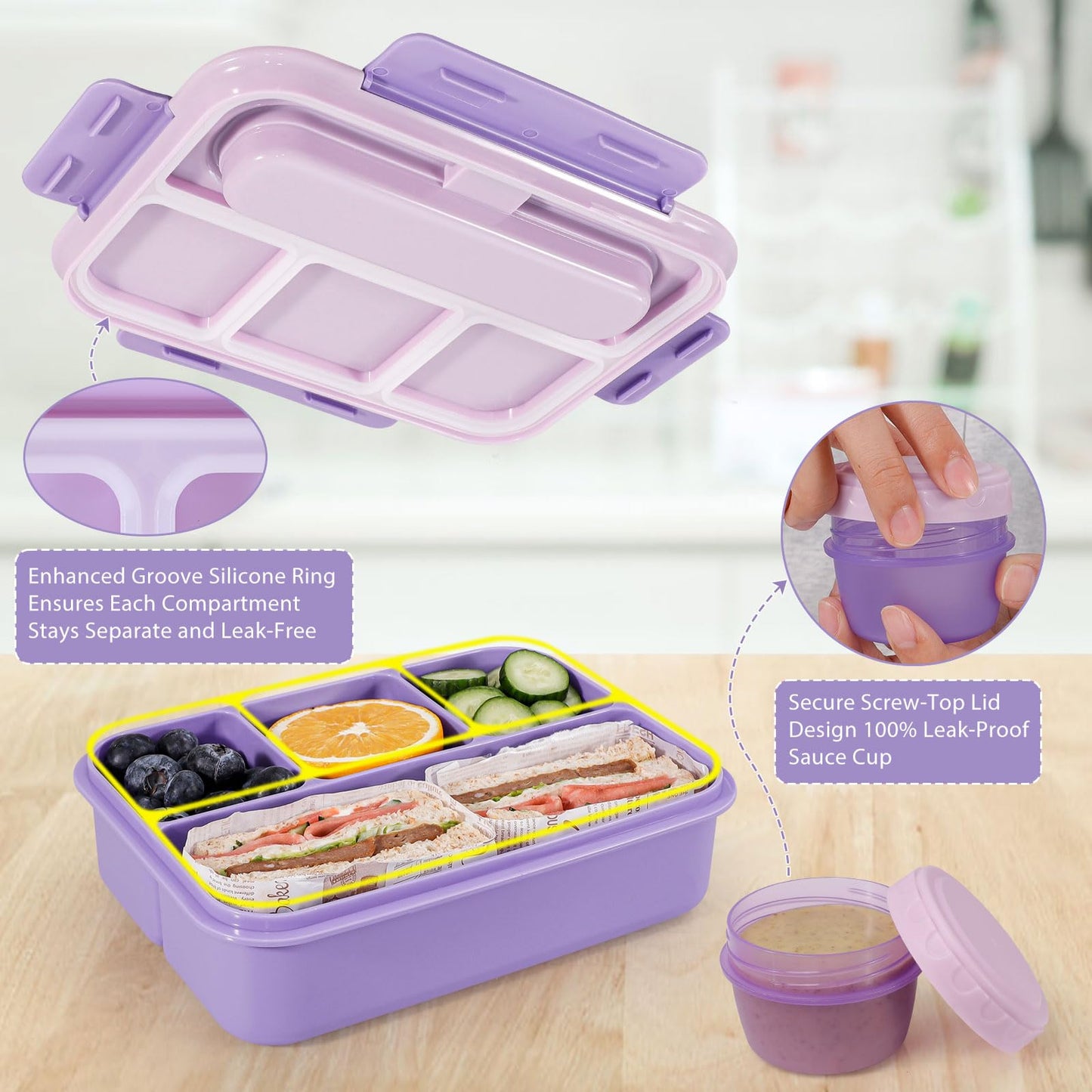 Caperci Bento Box Adult - 50 oz Large Lunch Containers for Adults and Teens, 4-Compartment Bento Lunch Box with Utensils & Leak Proof Sauce Cup, Dishwasher Safe, Durable, BPA-Free (Lavender)