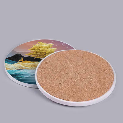 Set 6 Drink Coasters of with Holder, Ceramic Absorbent Boho Coaster for Drinks with Base and Golden Holder