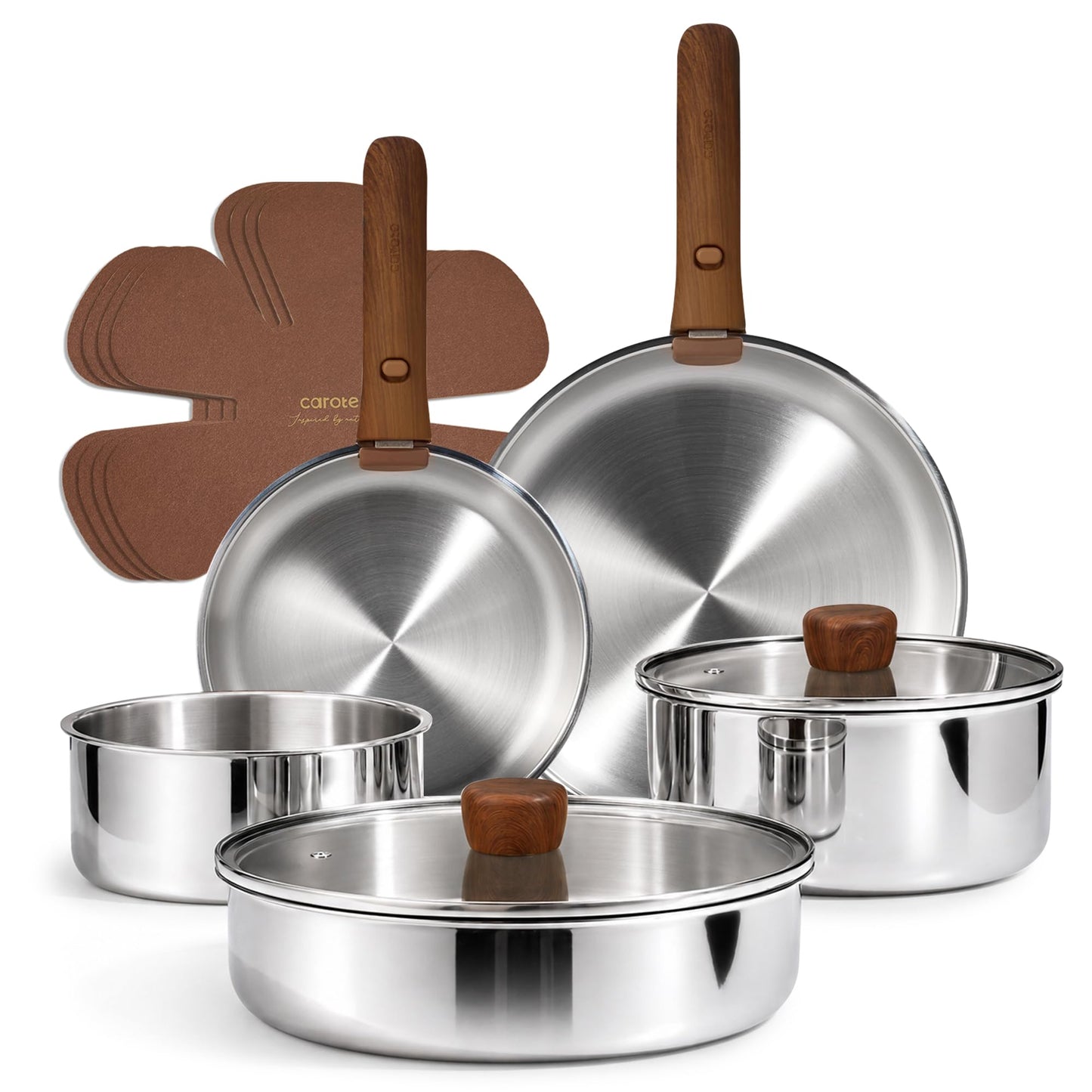 CAROTE 13 PCS Tri-Ply Stainless Steel Cookware Set with Detachable Handle, Pots and Pans Set, Induction Kitchen Cooking Sets, RV/Camping Cookware, Oven Safe