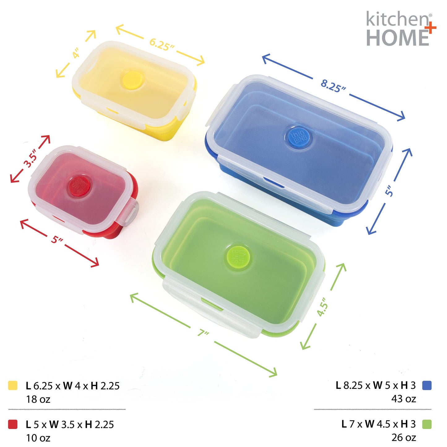 Thin Bins Collapsible Containers Set of 4 Round Silicone Food Storage Containers BPA Free, Microwave, Dishwasher and Freezer Safe - No more cluttered container cabinet! SC-149A