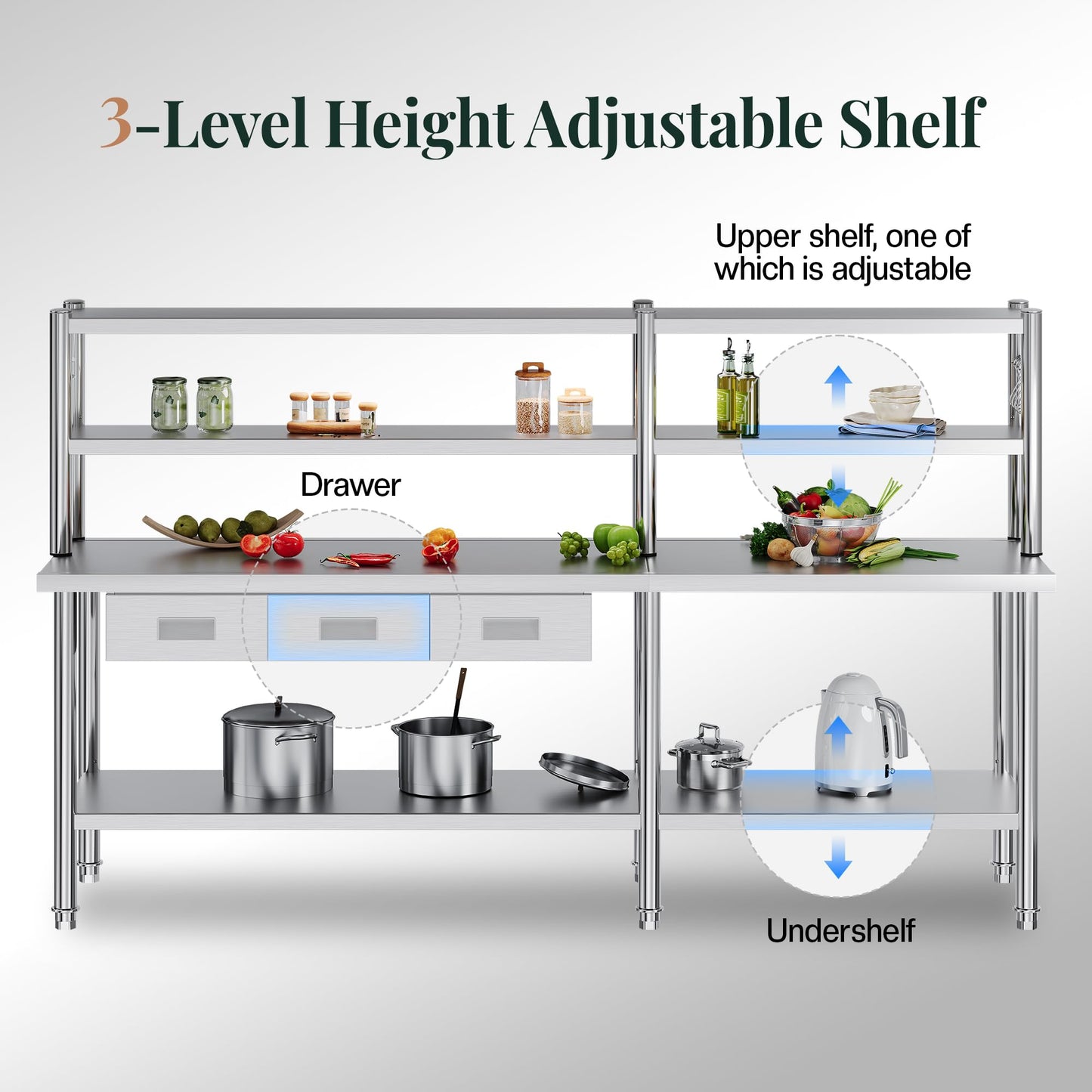 Jocisland 96"x24" Stainless Steel Work Table with Overshelves, 2/3 Drawers, Adjustable Shelf & Hooks, Food-Grade Stainless Steel Heavy-Duty Prep Station for Commercial Kitchen, Restaurant, or Garage