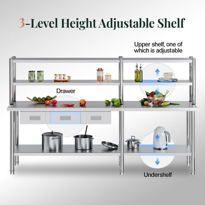 Jocisland 96"x24" Stainless Steel Work Table with Overshelves, 2/3 Drawers, Adjustable Shelf & Hooks, Food-Grade Stainless Steel Heavy-Duty Prep Station for Commercial Kitchen, Restaurant, or Garage