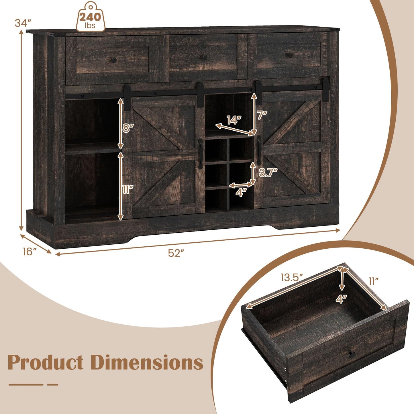 Giantex Wine Bar Cabinet with LED Lights, 52" Buffet Sideboard w/Sliding Barn Door, 3 Drawer, Adjustable Shelf, 12 Bottle Wine Rack & Glass Holder, Farmhouse Coffee Station for Living Room