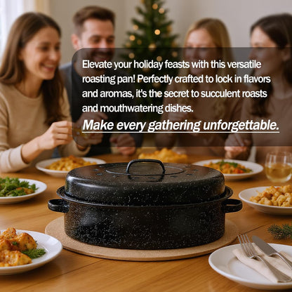 Turkey Roaster Pan 18in Roasting Pan With Lid Enamel Carbon Steel Roaster Pot with 16in Inner Diameter,18 Pound Large Capacity High Temperature Resistance Oval Cookware