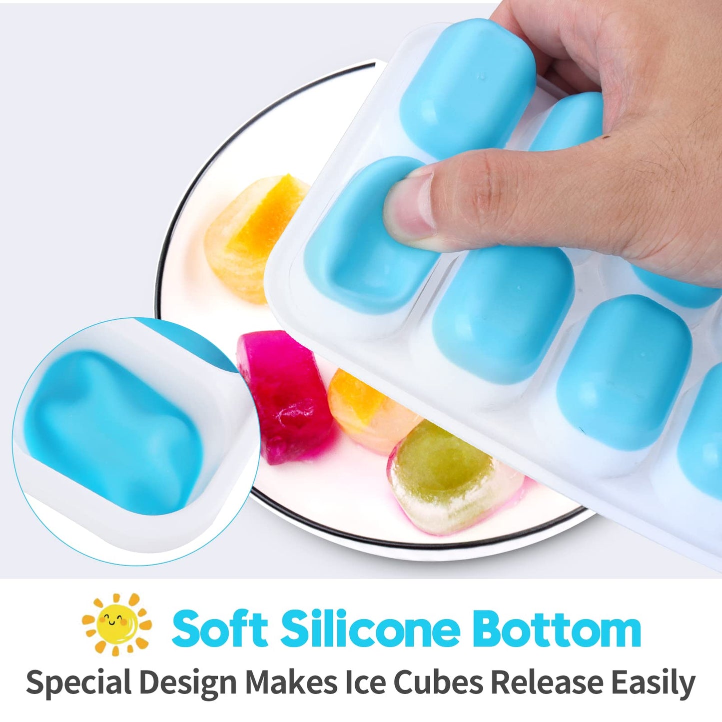 Silicone Ice Cube Tray, 8 Pack Easy-Release & Flexible 14-Ice Cube Trays with Spill-Resistant Removable Lid, Stackable Ice Trays with Covers for Freezer, Cocktail (4 Blue + 4 Green)