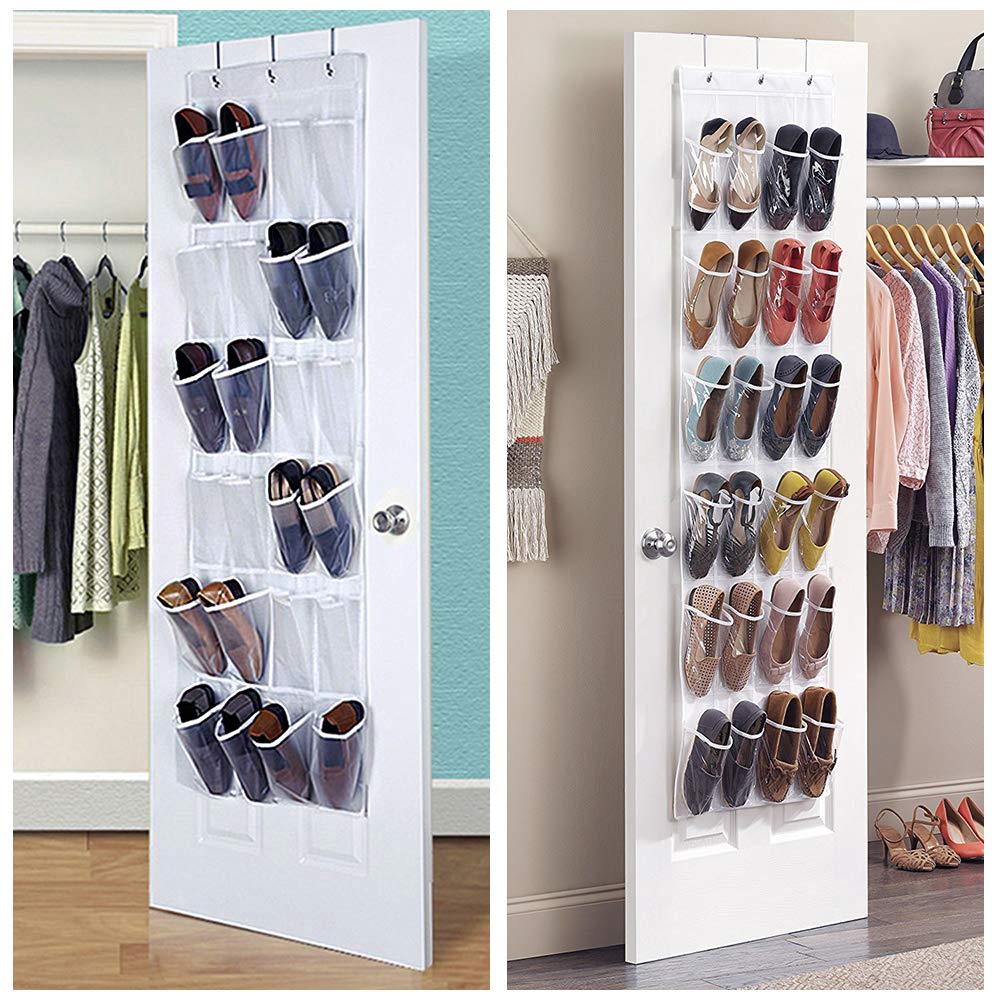 QUMENEY 24 Pockets Over The Door Shoe Organiser, Folding Hanging Organiser Shoe Racks with Hooks, Heavy-Duty Hanging Mesh Shoe Holder for Badroom, Bathroom, Wardrobe (1)
