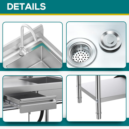 Stainless Steel Utility Sink, Commercial Kitchen Sink, 40'' Free Standing Single Bowl Sink with Drawer & Cold and Hot Water Pipe for Kitchen Laundry Room Farmhouse Indoor and Outdoor