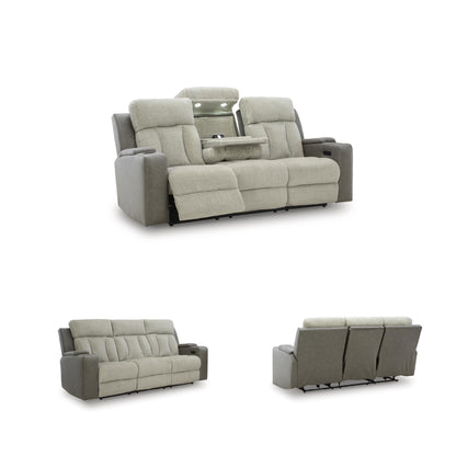 Signature Design by Ashley Point Clear Transitional Faux Leather Power Reclining Sofa with Drop Down Table, Lumbar Massage, LED Lights and Adjustable Headrest, Gray & Beige