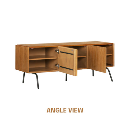 NTC Veil TV Stand with 3 Doors for TVs up to 60’’, Media Console with Vertical Groove Design and Metal Legs, Modern Entertainment Center for Living Room and Bedroom, Effortless Assembly, Teak Look