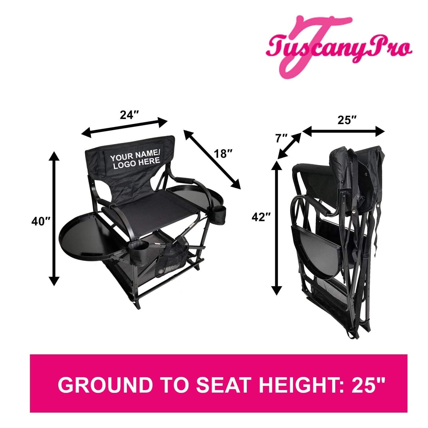 Tuscany Pro Your Name/Logo Included Portable Makeup & Hairstylist Chair - Perfect for Makeup, Hair Stylist, Salon with 25 Inch Seat Height