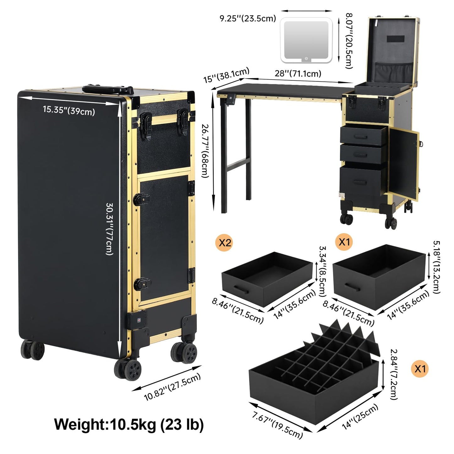 Rolling Portable Manicure Table with 3 Drawers, Lockable Makeup Train Case with Detachable Mirror, Foldable Nail Desk with Wheels & Handle, Mesa de Uñas Profesional para Nail Techs & Salon Use, Gloden