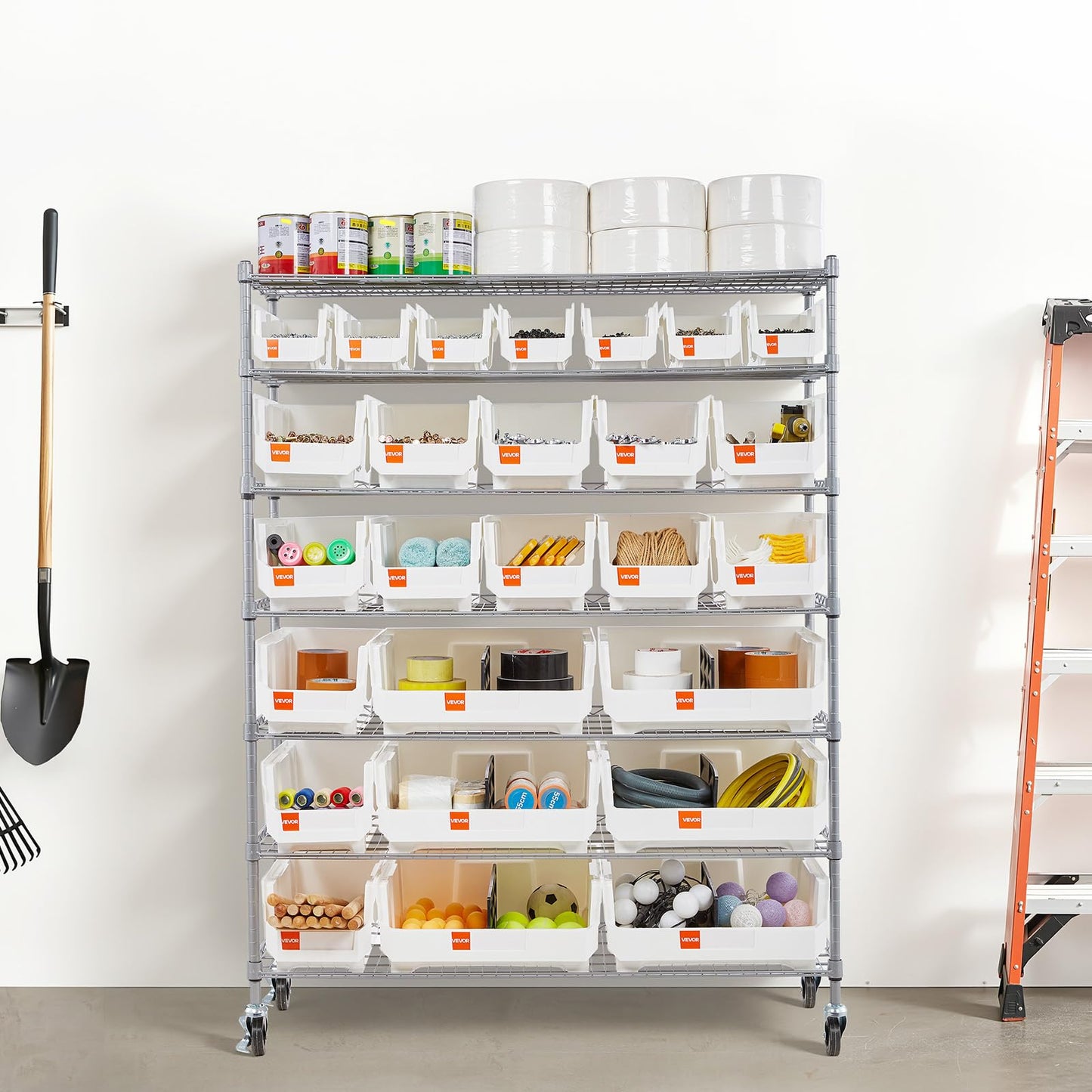 VEVOR 7-Tier Rolling Bin Storage Rack, 26 Organizer Bins, Bin Rack Storage Steel Wire Shelving System with Wheels, Mobile Tool Organizer for Garage, Warehouse, Office, Restaurant, Kitchen, Classroom